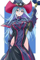 Rule 34 | 1girl, black dress, black gloves, black hat, blue hair, blush, breasts, commentary request, dress, forehead jewel, gem, gloves, hand on own hip, hat, hip vent, holding, holding staff, large breasts, long hair, looking at viewer, nasubi3632, official alternate color, open mouth, red eyes, red hat, silent magician, simple background, solo, staff, very long hair, wand, witch, witch hat, yu-gi-oh!, yu-gi-oh! duel monsters