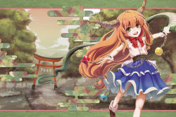 Rule 34 | 1girl, ankle boots, bad id, bad pixiv id, belt, boots, bow, chain, cube, egasumi, horn ornament, horn ribbon, horns, ibuki suika, letterboxed, long hair, looking at viewer, low-tied long hair, open hand, open mouth, orange hair, orb, outdoors, outstretched arms, path, plazmrabbit, pyramid (geometry), ribbon, road, rope, scroll, shide, shimenawa, shirt, skirt, sleeveless, sleeveless shirt, solo, spread arms, torii, touhou, tree, twilight, very long hair, wrist cuffs, yellow eyes