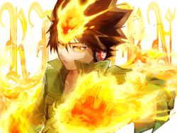 Rule 34 | 1boy, brown hair, collarbone, commentary request, fire, from side, gloves, green jacket, headphones, jacket, katekyo hitman reborn!, looking at viewer, magic, male focus, mowar25, open clothes, open jacket, sawada tsunayoshi, short hair, short sleeves, solo, spiked hair, teeth, title, upper body, yellow eyes