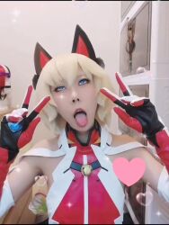 Rule 34 | 1girl, ahegao, animal ears, animated, bare shoulders, blonde hair, blue eyes, bodysuit, cat ears, cosplay, double v, fake animal ears, genderswap, genderswap (mtf), gloves, heart, holding, homare nao, homare nao (cosplay), leotard, lips, model request, photo (medium), real life, selfie, short hair, smile, solo, tagme, tail, taimanin (series), taimanin rpgx, tongue, tongue out, trap, twitter username, upper body, v, video