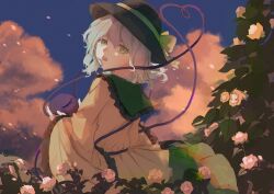 Rule 34 | 1girl, black hat, blouse, bow, cloud, commentary, epikouros, floral print, flower, frilled shirt collar, frilled sleeves, frills, from behind, green eyes, green skirt, grey hair, hair between eyes, hat, hat bow, heart, heart of string, highres, holding, komeiji koishi, long sleeves, looking at viewer, looking back, medium hair, open mouth, outdoors, rose, rose print, shirt, skirt, sky, solo, third eye, touhou, upper body, wide sleeves, yellow bow, yellow flower, yellow rose, yellow shirt