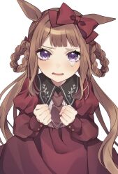 Rule 34 | 1girl, animal ears, blush, bow hairband, brown hair, brown necktie, clenched hands, collared dress, dress, hair rings, hairband, hand up, highres, horse ears, long hair, looking at viewer, necktie, open mouth, papuchi (papri pa), purple eyes, red dress, simple background, solo, sweep tosho (umamusume), tearing up, twintails, umamusume, upper body, white background