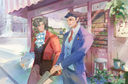 Rule 34 | 2boys, absurdres, ace attorney, ascot, bag, black hair, blue suit, closed mouth, collared shirt, copyright name, formal, grey hair, gugu (guming304), highres, holding, holding umbrella, jacket, long sleeves, looking at another, male focus, messenger bag, miles edgeworth, multiple boys, necktie, open mouth, pants, phoenix wright, red jacket, red necktie, red suit, shirt, short hair, shoulder bag, spiked hair, suit, town, umbrella, vest, white ascot, white shirt