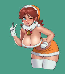 Rule 34 | 1girl, bad id, bad twitter id, bare arms, bare shoulders, bell, blue eyes, breasts, brown hair, cleavage, collar, cowboy shot, cropped legs, curvy, earrings, facing viewer, flower earrings, fur-trimmed gloves, fur-trimmed headwear, fur-trimmed skirt, fur-trimmed tube topfur collar, fur trim, gloves, green background, hanging breasts, hat, highres, jewelry, large breasts, looking at viewer, low-cut, mario (series), midriff, midriff peek, miniskirt, neck bell, nintendo, no bra, one eye closed, orange headwear, orange shirt, peace symbol, pom pom (clothes), princess daisy, riz, santa hat, shirt, simple background, skindentation, skirt, standing, strapless, super mario land, thick thighs, thighhighs, thighs, tube top, v, white gloves, white thighhighs, wink, zettai ryouiki