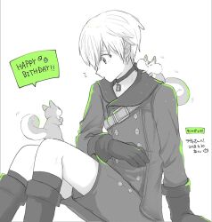 Rule 34 | 1boy, 9s (nier:automata), akui (liricoa), arm support, buttons, collar, double-breasted, gloves, happy birthday, jacket, looking at animal, nier:automata, nier (series), shorts, simple background, sitting, solo, speech bubble, spot color, squirrel