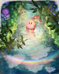 Rule 34 | blue eyes, blush stickers, chip (kirby), cloud, dyna blade, flower, highres, hydrangea, kirby, kirby (series), leaf, looking up, nintendo, parasol kirby, puddle, rainbow, reflection, reflective water, sakatani yen, smile, sunlight, umbrella, water drop