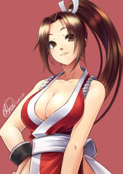 Rule 34 | 1girl, bare shoulders, bracer, breasts, brown eyes, brown hair, cleavage, fatal fury, folding fan, hair tie, hand fan, hand on own hip, high ponytail, highres, japanese clothes, large breasts, ninja, obi, ooike teru, pelvic curtain, ponytail, revealing clothes, ribbon, rope, sash, shiranui mai, signature, smirk, solo, the king of fighters, white ribbon