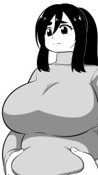 1girl belly belly_grab breasts dark-skinned_female dark_skin fat frown greyscale hair_between_eyes highres huge_breasts large_breasts looking_down monochrome original ponytail solo sweater turtleneck turtleneck_sweater upper_body yoshimasa