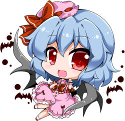 Rule 34 | 1girl, :d, bad id, bad pixiv id, bat (animal), bat wings, blue hair, blush, bow, bowtie, brooch, chibi, dress, eyebrows, fang, frilled dress, frills, full body, hat, hat bow, jewelry, looking at viewer, mini hat, mob cap, noai nioshi, open mouth, pink dress, puffy short sleeves, puffy sleeves, red bow, red bowtie, red eyes, remilia scarlet, short sleeves, simple background, smile, solo, touhou, white background, white legwear, wings