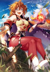 Rule 34 | 1girl, adapted costume, black headband, breasts, cape, cluseller, fang, fireball, hand on own hip, headband, lina inverse, magic, orange hair, pants, red eyes, red pants, sitting, slayers, small breasts