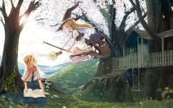 Rule 34 | 2girls, alice margatroid, apron, bad id, bad pixiv id, blue dress, blush, book, bou shaku, bouquet, broom, broom riding, capelet, cherry blossoms, cloud, daisy, day, dress, closed eyes, flower, flying, grass, hairband, hat, highres, kirisame marisa, long hair, multiple girls, open book, open mouth, reading, scarf, shirt, sitting, skirt, sky, smile, sunlight, swing, touhou, tree, treehouse, very long hair, vest, waist apron, witch, witch hat