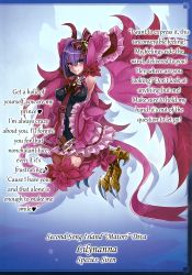 Rule 34 | 1girl, blush, breasts, feathers, highres, kenkou cross, lilynanna, looking at viewer, medium breasts, monster girl, monster girl encyclopedia, monster girl encyclopedia world guide side iii: court alf-divas of the city of water, official art, purple eyes, purple hair, siren (monster girl encyclopedia), smile, tail, talons, text focus, translated, wings