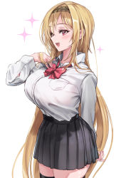 Rule 34 | 1girl, :d, absurdres, arm behind back, black hairband, black skirt, blonde hair, blush, bow, breasts, collared shirt, commentary request, dress shirt, hair between eyes, hairband, hand up, highres, idolmaster, idolmaster cinderella girls, kurosaki chitose, large breasts, long hair, long sleeves, open mouth, pizzasi, pleated skirt, puffy long sleeves, puffy sleeves, red bow, red eyes, shirt, simple background, skirt, smile, solo, sparkle, teeth, thighhighs, upper teeth only, very long hair, white background, white shirt