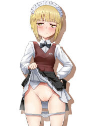 Rule 34 | 10s, 1girl, absurdres, apron, blonde hair, blunt bangs, blush, bow, bowtie, cleft of venus, cosplay, cutlass (girls und panzer), girls und panzer, groin, hand on own hip, highres, lifting own clothes, maid headdress, panties, panty pull, pussy juice, pussy juice trail, sekai saisoku no panda, short hair, silhouette, simple background, skirt, solo, underwear, vest, white background, white panties, yellow eyes