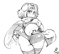 Rule 34 | 1girl, adjusting clothes, animal ears, arcana heart, ass, blush, dog ears, dog tail, embarrassed, female focus, from behind, highres, huge ass, konoha (arcana heart), monochrome, ninja, scarf, simple background, solo, tail, wedgie, white background