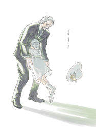 Rule 34 | 1boy, 1girl, bacher, closed mouth, commentary request, dress, formal, hat, height difference, hug, metal gear (series), metal gear solid 4: guns of the patriots, old snake, short hair, simple background, solid snake, suit, sunny emmerich, white background, white dress, white hair