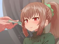 Rule 34 | 1girl, blush, breath, brown hair, closed mouth, condom, cum, cum in mouth, cum string, curtains, drinking from condom, gokkun, heart, indoors, manaka (sumiyao), original, ponytail, red eyes, solo focus, sumiyao (amam), upper body, used condom