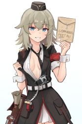 Rule 34 | 1girl, absurdres, armband, bag, belt, black hat, black jacket, black necktie, blackmail, blonde hair, blue eyes, breasts, brown bag, camera, canteen, commentary, english commentary, english text, envelope, gamryous, garrison cap, girls&#039; frontline, grin, hair ornament, hairclip, hat, highres, holding, jacket, looking at viewer, manila envelope, medium breasts, messenger bag, military, military hat, military uniform, mp41 (girls&#039; frontline), necktie, notepad, partially unbuttoned, red armband, scroll, shirt, short hair, shoulder bag, simple background, skirt, smile, solo, straight-on, uniform, white background, white belt, white shirt, white skirt, white wrist cuffs, wrist cuffs