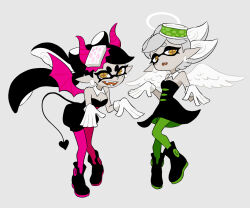 Rule 34 | 2girls, :d, :o, angel wings, ankle boots, bare shoulders, bat wings, black dress, black footwear, black hair, black jumpsuit, black tail, boots, bow-shaped hair, breasts, callie (splatoon), cleavage, cousins, cross-shaped pupils, demon horns, demon tail, detached collar, dress, earrings, fangs, feathered wings, food, food on head, gloves, green pantyhose, grey background, grey hair, halo, horns, inkling, jewelry, jumpsuit, long hair, marie (splatoon), mole, mole under eye, multiple girls, nintendo, object on head, open mouth, orange eyes, pantyhose, pink pantyhose, pointy ears, short eyebrows, short jumpsuit, simple background, small breasts, smile, splatoon (series), splatoon 1, strapless, strapless dress, suction cups, symbol-shaped pupils, tail, teeth, tentacle hair, teo (teorekka), very long hair, white gloves, white wings, wings