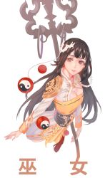 Rule 34 | 00s, 1girl, black hair, breasts, brown eyes, chinese clothes, dungeon and fighter, earrings, female focus, female priest (dungeon and fighter), hair ornament, highres, jewelry, litra (ltr0312), long hair, looking at viewer, ltr0312, shaman (dungeon and fighter), solo, standing, yin yang