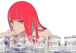 Rule 34 | 1girl, blue nails, blunt bangs, chainsaw man, closed mouth, cocktail glass, cup, drinking glass, hand to own mouth, leaning forward, lihonghua314, long hair, looking at viewer, makima (chainsaw man), nail polish, nude, orange eyes, red hair, ringed eyes, solo, straight hair, white background