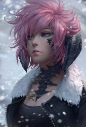 Rule 34 | 1girl, au ra, black jacket, black shirt, blouse, blurry, breasts, character request, chuby mi, cleavage, cross, cross necklace, depth of field, final fantasy, final fantasy xiv, fur collar, gold necklace, hair over one eye, highres, jacket, jewelry, lips, looking afar, medium breasts, necklace, nose, open clothes, open jacket, parted lips, pink eyes, pink hair, pink lips, realistic, shirt, snowing, solo, unzipped
