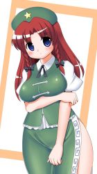 Rule 34 | 1girl, bad id, bad pixiv id, blue eyes, braid, breasts, china dress, chinese clothes, dress, female focus, hat, hong meiling, kyokutou hentai samurai, long hair, red hair, solo, embodiment of scarlet devil, touhou, twin braids