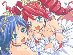 Rule 34 | 00s, 2girls, :d, bare shoulders, bell, blue eyes, blue hair, blush, choker, detached sleeves, dress, drill hair, earrings, fine (futagohime), fushigiboshi no futago hime, fushigiboshi no futago hime gyu, holding hands, interlocked fingers, jewelry, maybe, multiple girls, open mouth, red hair, rein (futagohime), simple background, smile, strapless, strapless dress, tiara, twin drills, white background, white dress, wrist cuffs