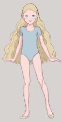 Rule 34 | 1girl, aurore, blonde hair, blue eyes, blush, child, female focus, flat chest, leotard, long hair, looking at viewer, open mouth, simple background, sketch, slippers, solo, standing, takatou sora, wavy hair