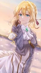 Rule 34 | 1girl, absurdres, aoba yukichi, belt, blonde hair, blue eyes, blue jacket, blurry, blurry background, braid, breasts, brooch, brown gloves, closed mouth, commentary request, dress, gloves, hair between eyes, hair intakes, hair ribbon, highres, jacket, jewelry, lips, long dress, long hair, long sleeves, looking at viewer, neckerchief, ocean, outdoors, puffy long sleeves, puffy sleeves, red ribbon, ribbon, smile, solo, standing, upper body, violet evergarden, violet evergarden (series), white dress, white neckerchief