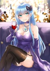 Rule 34 | 1girl, absurdres, aqua eyes, bare shoulders, black bow, black thighhighs, blue hair, blush, bow, breasts, check copyright, cleavage, collarbone, commentary, commission, copyright request, couch, cup, dress, drinking glass, elbow gloves, gloves, hair bow, highres, holding, holding cup, kanniiepan, large breasts, long hair, looking at viewer, no panties, on couch, original, parted lips, purple dress, purple gloves, sitting, smile, solo, teeth, thighhighs, wine glass