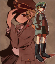 Rule 34 | 1girl, adjusting headwear, artist name, black bow, black footwear, black neckwear, blonde hair, boots, bow, brown eyes, brown jacket, closed mouth, commentary, erwin (girls und panzer), girls und panzer, goggles, goggles on headwear, green headwear, half-closed eyes, hands in pockets, hat, jacket, long sleeves, looking at viewer, military hat, military jacket, multiple views, ooarai school uniform, open clothes, open jacket, peaked cap, pointy hair, school uniform, short hair, signature, smile, standing, tessaku ro