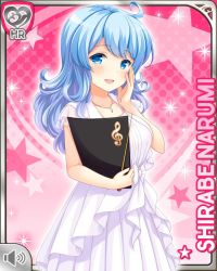 Rule 34 | 1girl, blue eyes, blue hair, book, card (medium), character name, dress, girlfriend (kari), hand on own face, holding, long hair, matching hair/eyes, official art, open mouth, pink background, qp:flapper, shirabe narumi, smile, solo, sparkle, standing, tagme, white dress