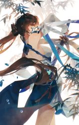 Rule 34 | 1girl, armpits, backless outfit, bare shoulders, breasts, brown eyes, brown hair, chinese clothes, highres, holding, holding sword, holding weapon, honkai (series), honkai impact 3rd, li sushang, li sushang (jade knight), long hair, looking at viewer, medium breasts, sideboob, solo, sword, tcuas, weapon, white sleeves