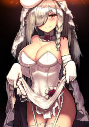 Rule 34 | 1girl, absurdres, beret, black background, blush, braid, breasts, bride, choker, cleavage, clothes lift, cowboy shot, dress, dress lift, flower, g36c (girls&#039; frontline), g36c (you who steps up) (girls&#039; frontline), garter straps, girls&#039; frontline, gloves, grin, hair over one eye, hat, highres, large breasts, leonat, lifted by self, long hair, looking at viewer, no panties, official alternate costume, red eyes, red flower, red rose, rose, side braid, silver hair, simple background, smile, solo, sparkle, thighhighs, very long hair, wedding dress, white dress, white gloves, white hat, white thighhighs