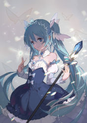 Rule 34 | 1girl, bare shoulders, beamed eighth notes, blue eyes, blue nails, blue skirt, blush, bow, breasts, brooch, closed mouth, collar, collarbone, commentary request, crystal, fingernails, glowing, green hair, hair between eyes, hair ornament, hatsune miku, holding, holding staff, jewelry, juliet sleeves, long hair, long sleeves, musical note, nail polish, puffy sleeves, shadowsinking, shirt, skirt, small breasts, smile, snowflake hair ornament, solo, staff, star (symbol), strapless, striped, striped sleeves, tiara, very long hair, vocaloid, white bow, white collar, white shirt, yuki miku