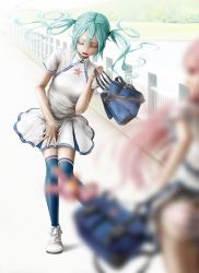 Rule 34 | 2girls, absurdres, aqua hair, bag, blurry, depth of field, hatsune miku, highres, jpeg artifacts, kneehighs, long hair, multiple girls, no lineart, pi (pppppchang), sf-a2 miki, socks, thighhighs, twintails, vocaloid, wind