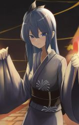 Rule 34 | 1girl, backlighting, black ribbon, blue eyes, blue kimono, blurry, blurry background, blush, breasts, closed mouth, collarbone, commentary request, cowboy shot, est (est illust), hair between eyes, hair ribbon, hands up, highres, hololive, hoshimachi suisei, japanese clothes, kimono, looking at viewer, night, night sky, obi, print kimono, ribbon, sash, side ponytail, sidelocks, sky, small breasts, solo, virtual youtuber, wide sleeves, yukata