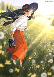 Rule 34 | 1girl, anime coloring, artist name, barefoot, black hair, blue footwear, blue hat, blurry, blurry background, blurry foreground, bow, brown eyes, commentary request, dandelion, day, depth of field, field, flower, flower field, from side, full body, grass, grin, hat, hat bow, hat ribbon, holding, holding shoes, ichimi renge, long hair, long skirt, long sleeves, looking at viewer, looking back, nature, original, outdoors, pleated skirt, red bow, red ribbon, red skirt, ribbon, scenery, shirt, shirt tucked in, shoes, shy, skirt, smile, solo, spring (season), standing, sun hat, sunlight, tree, twitter username, unworn shoes, white shirt, wind