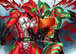 Rule 34 | 2boys, arm blade, armor, battle, belt, blood, blood on face, blood on hands, blood stain, claws, colored skin, commentary, compound eyes, duel, fighting, fins, green eyes, helmet, highres, horns, kamen rider, kamen rider amazon alpha, kamen rider amazon omega, kamen rider amazons, kogawawaki, male focus, monster, mountain, multiple boys, no humans, punching, red eyes, red skin, rider belt, scar, single horn, stomach punch, translation request, weapon