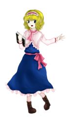 Rule 34 | 1girl, alice margatroid, blonde hair, blue eyes, book, boots, capelet, grimoire, image sample, kukiwakame, md5 mismatch, open mouth, pixiv sample, resized, resolution mismatch, short hair, simple background, solo, source larger, touhou, zun (style)