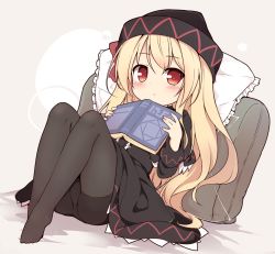 Rule 34 | 1girl, baku-p, black dress, black pantyhose, blonde hair, book, dress, fairy wings, hat, holding, leaning back, legs up, lily black, lily white, long hair, panties, panties under pantyhose, pantyhose, pillow, reading, red eyes, sitting, solo, touhou, underwear, wings