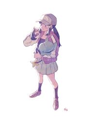 Rule 34 | 1girl, closed mouth, commentary request, creatures (company), dawn (pokemon), full body, game freak, gen 4 pokemon, grey skirt, hair ornament, hairclip, hat, highres, holding, holding own hair, holding pokemon, jacket, knees, long hair, long sleeves, nintendo, omyo (myomyomyo22), open clothes, open jacket, pleated skirt, pokemon, pokemon (creature), pokemon bdsp, purple footwear, purple jacket, shinx, shirt, shoes, sidelocks, signature, skirt, smile, sneakers, socks, standing, twintails, white background