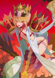 Rule 34 | 1girl, absurdres, armored legwear, bikini, bingansuan jiamouren, blonde hair, criss-cross halter, crown, dragon tail, elbow gloves, facial mark, fate/grand order, fate (series), flat chest, gloves, halterneck, highres, holy grail (fate), looking at viewer, nero claudius (fate), nero claudius (fate) (all), open mouth, queen draco (fate), queen draco (second ascension) (fate), red background, red bikini, red eyes, scales, smile, solo, swimsuit, tail, white gemstone, white gloves