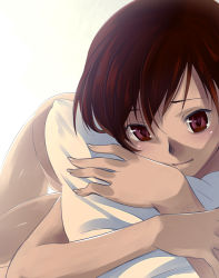 Rule 34 | 1girl, bad id, bad pixiv id, brown hair, face, nude, hugging object, original, pillow, pillow hug, red eyes, short hair, solo, zpolice