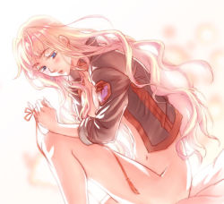 Rule 34 | 00s, 1girl, blonde hair, blue eyes, blush, bottomless, female focus, gradient background, jacket, kunimoto ori, long hair, macross, macross frontier, navel, open clothes, open shirt, sheryl nome, shirt, sitting, sleeves rolled up, solo, string, string of fate, white background