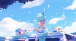 Rule 34 | 1girl, car, closed eyes, flower, goggles, goggles on head, green hair, gumi, highres, motor vehicle, open mouth, outdoors, radio, red-tinted eyewear, red goggles, sakakidani, short hair with long locks, short sleeves, shorts, sitting, solo, sunflower, tinted eyewear, vocaloid