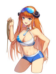 Rule 34 | 1girl, :d, absurdres, arknights, bagpipe (arknights), bare arms, bare shoulders, blue archive, blue shorts, blush, breasts, cleavage, clothes writing, commentary request, commission, copyright name, cosplay, crop top, cropped legs, goggles, goggles on head, hand up, highres, holding, holding rope, horns, large breasts, long hair, looking at viewer, midriff, millennium cheerleader outfit (blue archive), navel, open mouth, orange hair, purple eyes, rope, second-party source, shinebell, short shorts, shorts, simple background, sleeveless, smile, solo, standing, stomach, thighs, very long hair, white background