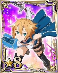 Rule 34 | 10s, 1girl, armor, black shorts, blue eyes, breastplate, breasts, brown gloves, card (medium), cleavage, detached sleeves, gloves, holding, holding sword, holding weapon, looking at viewer, medium breasts, orange hair, philia (sao), short hair, short shorts, shorts, smile, solo, star (symbol), sword, sword art online, thighhighs, weapon, white thighhighs