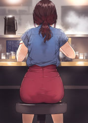 Rule 34 | 1girl, ass, back, blue shirt, bracelet, bralines, brown hair, commentary request, condiment, counter, doushimasho, eating, facing away, food, from behind, highres, jewelry, long hair, noodles, office lady, original, pantylines, pencil skirt, pitcher (container), ponytail, ramen, red skirt, restaurant, shirt, shirt tucked in, short sleeves, sidelocks, sitting, skirt, steam, stool, sweat